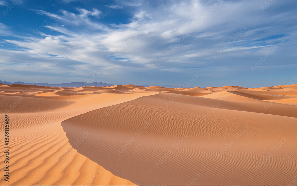 Aufkleber vast wavy sand dunes stretch across a serene desert landscape under a bright blue sky dotted with fl