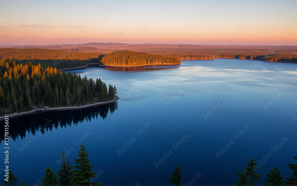 Poster a serene view of a calm lake encircled by a lush green forest. the soft pink and orange hues of the 