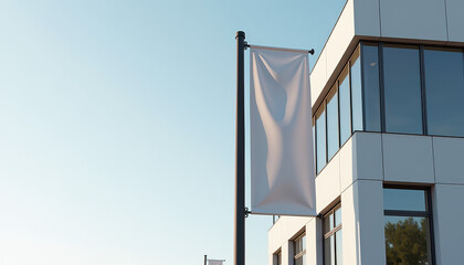Flag banner mockup. Vertical flag banner mockup hanging on black pole with blank white fabric against modern building facade and clear blue sky background.