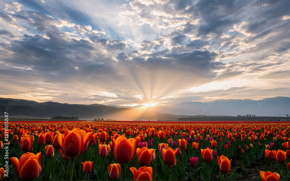 Poster vibrant tulips bloom in a vast field under a dramatic sky as the sun's rays pierce through the cloud