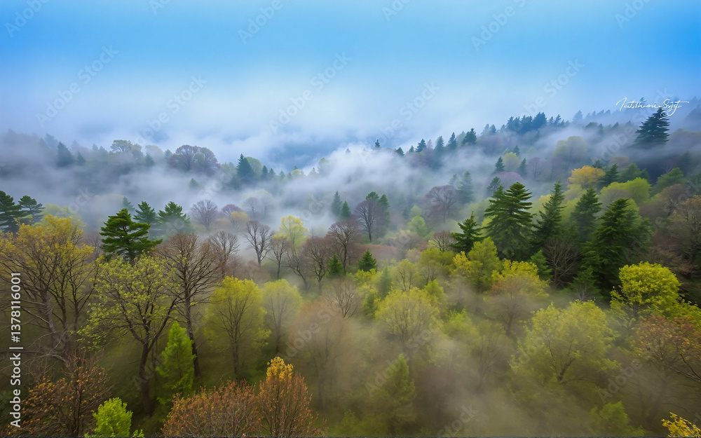 Poster misty forest landscape with green and brown trees under a blue sky. fog rolls through the trees in a