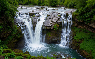 Obraz premium A beautiful waterfall rushes over rocky ledges into a pool surrounded by vibrant green foliage and trees in a natural setting.