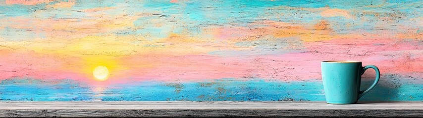 Cozy Watercolor Illustration of a Coffee Cup on a Rustic Table Against a Beautiful Sunset with Vibrant Colors and Dreamy Atmosphere