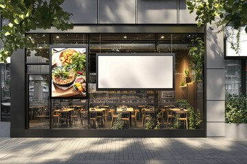 Cafe storefront window mockup for modern restaurant billboard design. AI generated illustration.