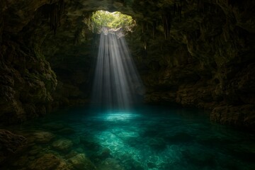 Dark cave with sparkling water and light rays shining through.