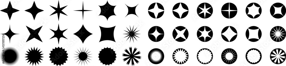 Poster set of abstract star and shape icons in black circular frames, perfect for logos or badges. vector e