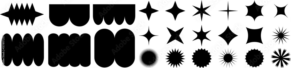 Poster set of abstract black geometric shapes and starburst icons for modern design and branding projects. 