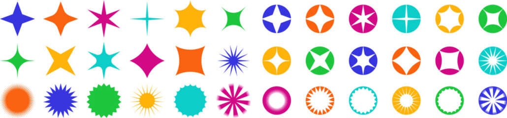 Vibrant collection of circular star icons in various colors for stickers, web UI, and decorative elements. Vector EPS 10