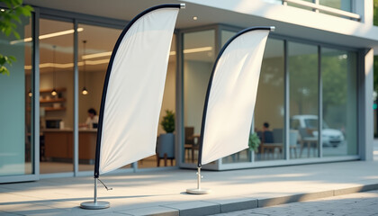 Flag banner mockup. Blank teardrop flag banner mockup on city sidewalk with autumn trees and glass building background.