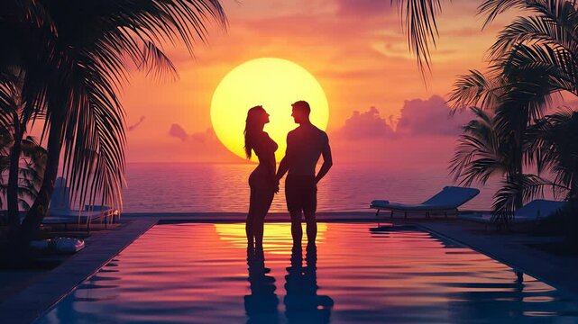 Romantic sunset moment by the pool with a couple enjoying the beautiful tropical scenery in a serene location