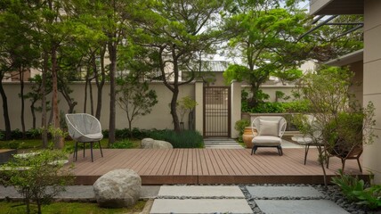 Fototapeta premium Outdoor Relaxation Space: Tranquil seating area with wooden deck, lush greenery, and a serene, inviting ambiance for peaceful moments.
