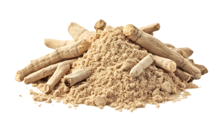 Ashwagandha root and powder on white or transparent background.