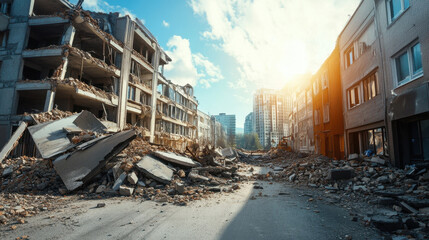 Destruction from earthquake is evident in this urban landscape, showcasing collapsed buildings and debris scattered across street, with sunlight breaking through clouds, creating stark contrast