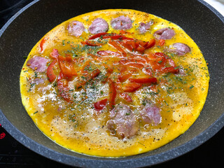 A Delicious and Perfectly Cooked Omelette served with Succulent Sausages and Fresh Bell Peppers