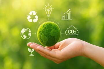 Sustainable Living A Hand Holding a Green Earth Surrounded by Eco-Friendly Symbols of Recycling, Growth, and CO2 Reduction