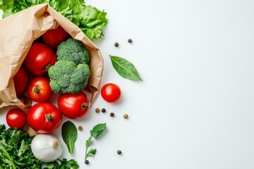 Fresh grocery shopping colorful vegetables in a paper bag kitchen counter food photography natural light top-down perspective