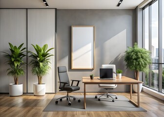Meeting room, office with empty display white blank frame mockup. Modern business offices reception background as banner with copy space