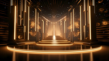 A radiant golden pathway to triumph, bathed in ethereal light and shimmering with celestial dust, leading to a grand stage of victory.