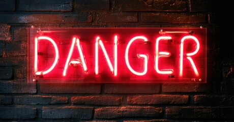 Fototapeta premium Glowing red neon sign reading danger mounted on dark industrial brick wall deep navy and bright red symbolizing warning and caution