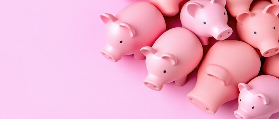 Many pink ceramic piggy banks piled together on a pink background from a high angle view