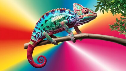 Fototapeta premium chameleon Sitting on Branch,Surrounded by cololorful background