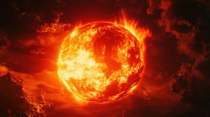 Glowing Sun Amidst Fiery Clouds in Space