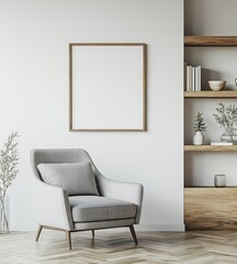 Modern living room with armchair, wooden shelves, and blank frame.
