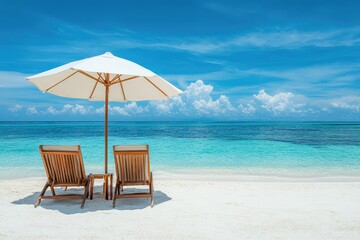 Obraz premium Chairs and umbrella on tropical beach with seascape view. AI generated illustration.