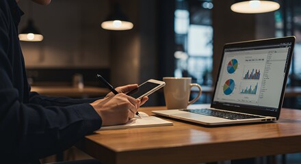 Analyzing Charts on Laptop and Taking Notes with Mobile Device