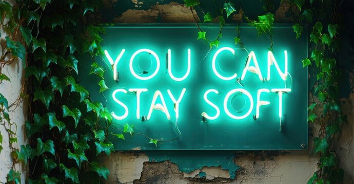 Naklejki Glowing sign you can stay soft in teal and cream neon mounted above crumbling wall covered in ivy with afternoon light cutting through leaves
