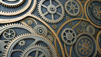 Abstract background of many metal gears and cogwheels intertwined into a complex mechanism.
