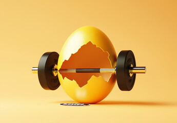 Golden Easter Egg with 25kg Barbell - Minimalist 3D Render of Broken Shell Revealing Weight Plate on Pastel Background (AI Generated)