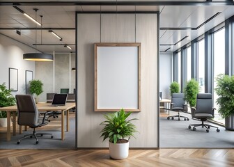 Meeting room, office with empty display white blank frame mockup. Modern business offices reception background as banner with copy space