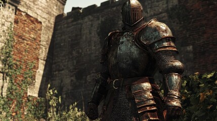 Medieval armored knight standing guard near ancient stone fortress wall.