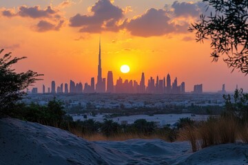 Desert City. Dubai Skyline at Sunset with Sand Dunes in Foreground