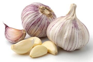 Fototapeta premium Fresh garlic bulbs and cloves vibrant purple and white stripes isolated on a bright white background