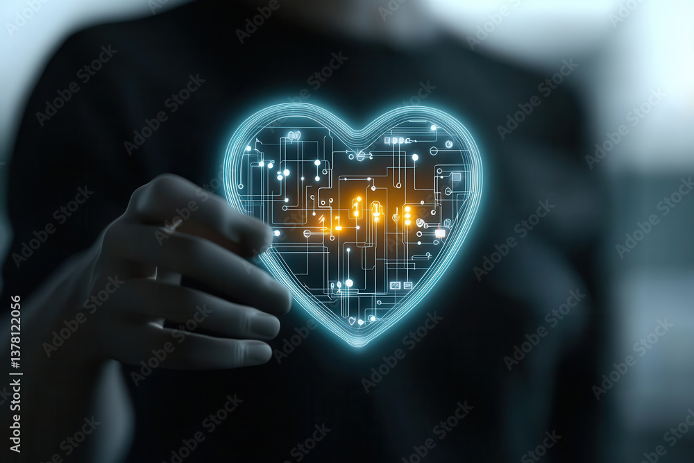 Poster digital heart with circuitry glowing hand, symbolizing connection