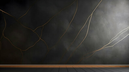 Dark elegance: A sophisticated interplay of deep charcoal and shimmering gold veining, creating a luxurious and mysterious ambiance with a subtle bronze baseboard.