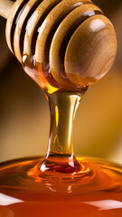 golden honey dripping from a wooden honey dipper in slow motion. Ultra-HD detail, glossy texture, soft lighting,