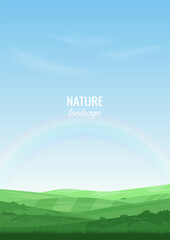 Naklejka premium Summer landscape with green hills. Agricultural field with bushes. Rainbow in the blue sky. Warm sunny day. Background design, wallpaper, postcards, covers. Vector illustration.