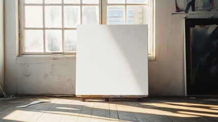 Blank canvas standing in sunlit artist studio near large window on wooden floor.