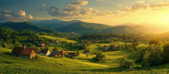Sunset over idyllic village nestled in mountain valley