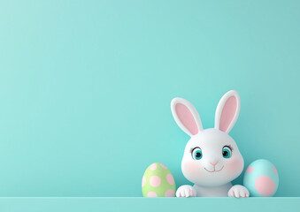 Obraz premium 3D Easter Banner Template - Cute Cartoon Bunny & Eggs with Peeking Lamb in Turquoise (Flat Vector Design) - Spring Holiday Poster with Blank Space for Text - Perfect for Social Media & Marketing