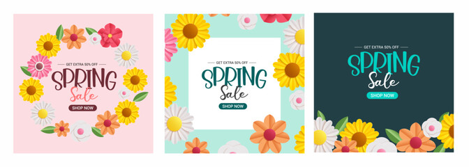 Spring Sale banner background template with colorful flower for social media card, voucher, wall paper, flyers, invitation, posters or brochure design