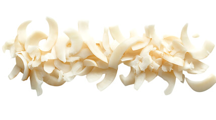 Coconut flakes or shavings in a row white or transparent background.