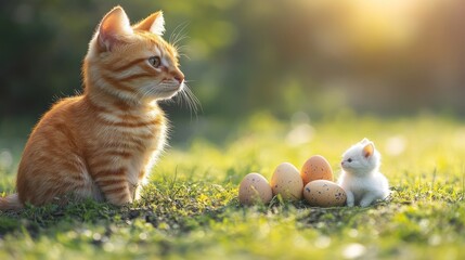 An orange kitten watching another small kitten near some eggs