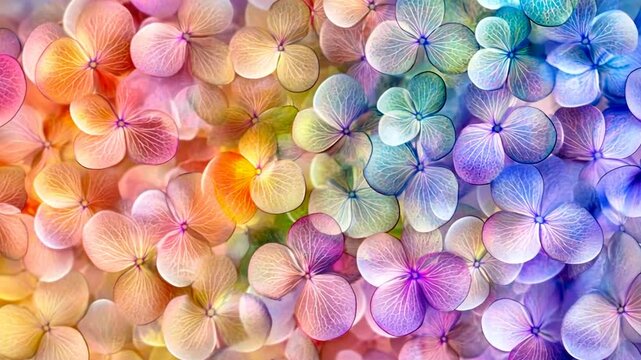 Pastel rainbow hydrangea blossoms, close-up view.