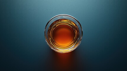 Glass of bourbon is sitting on a table. Whiskey