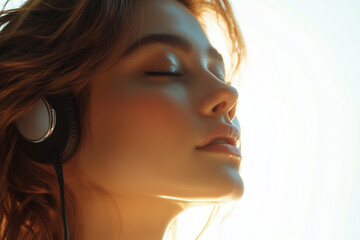 Fototapeta premium Radiant Woman Enjoying Music – Stunning Side View on White, Perfect for Web Banners & Ads (Copy Space)
