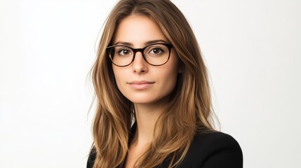Obraz premium Confident young businesswoman with glasses against light background.